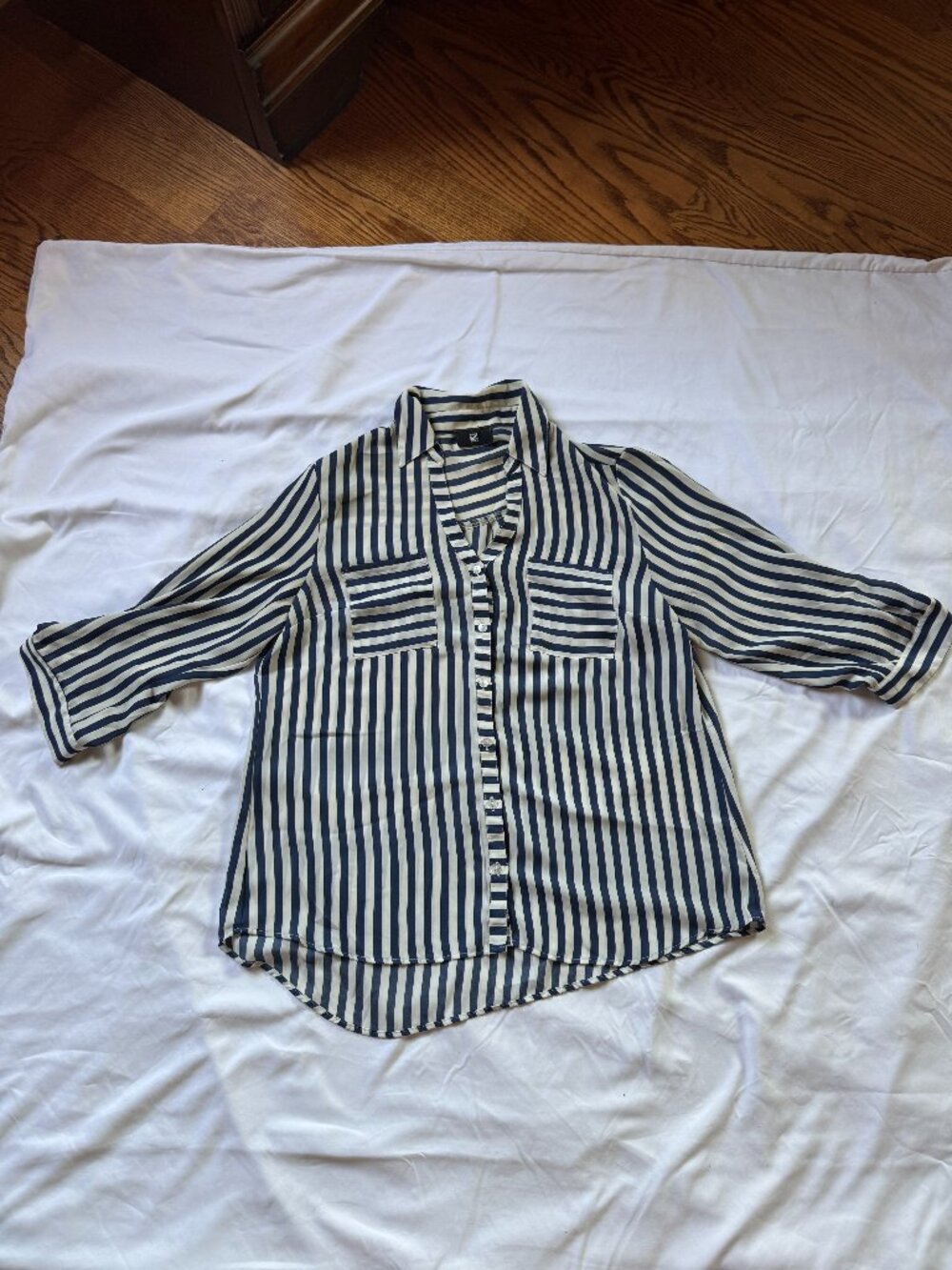IZ Byer Navy White Striped Blouse Women's XL Button Front Roll Tab Shirt